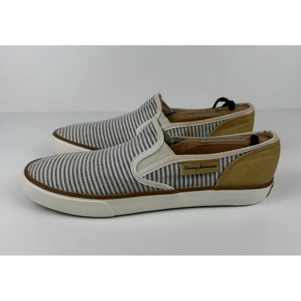 Tommy Bahama Slip On Sneakers Striped Canvas Tan Women's Size 8.5